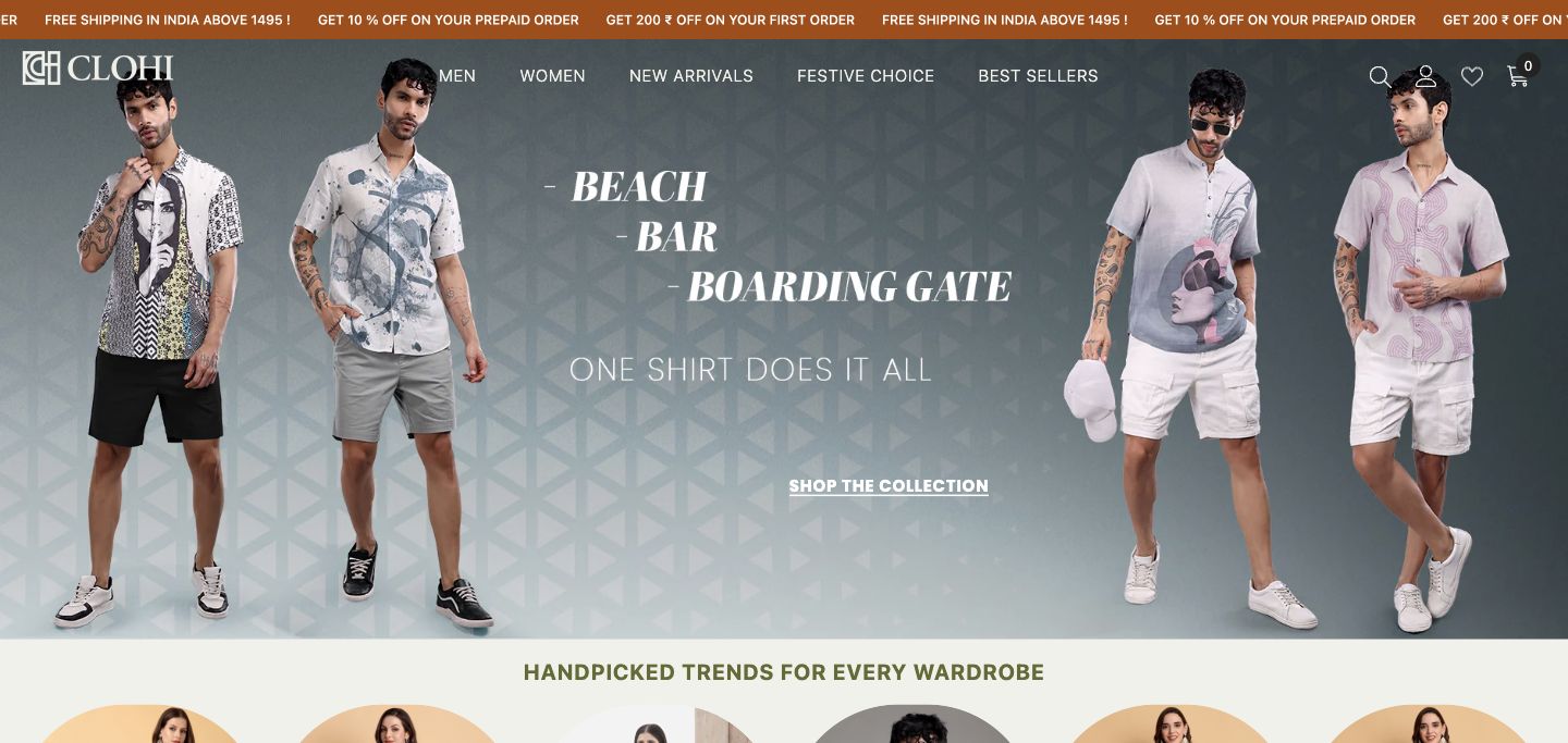 Clohi live storefront screenshot showing India-focused apparel shopping context. Clohi live storefront screenshot showing India-focused apparel shopping context.