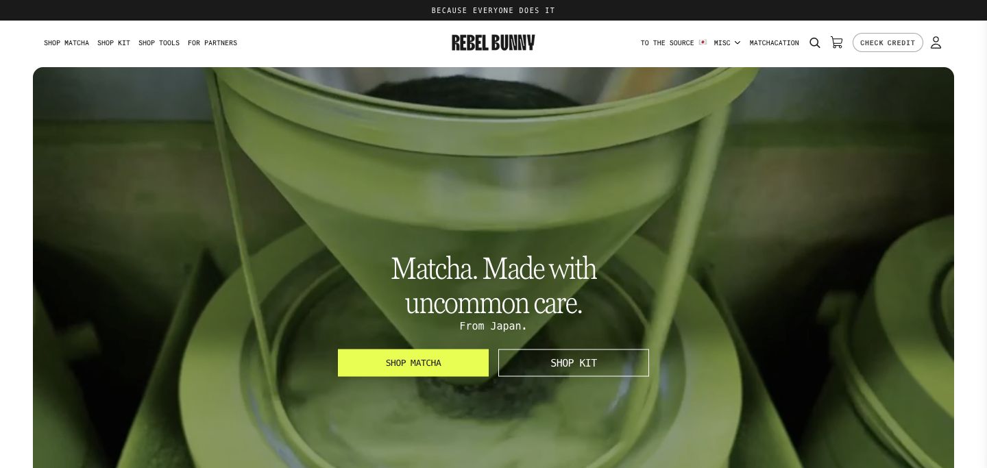 Rebel Bunny Matcha live storefront screenshot showing DTC matcha product storytelling. Rebel Bunny Matcha live storefront screenshot showing DTC matcha product storytelling.